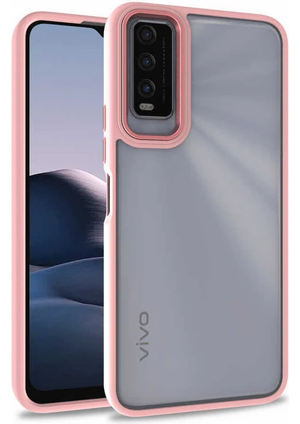 Caseart Vivo Y20S Kapak Metal Kamera Korumalı Arkası Şeffaf Silikon Kılıf - Rose Gold