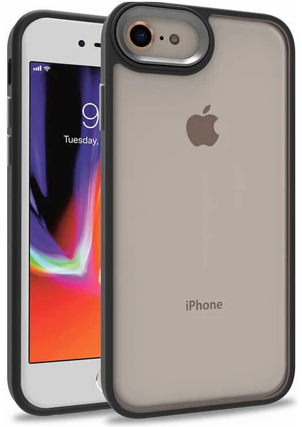 Case World Apple iPhone 8 ile Uyumlu Kapak Metal Kamera Korumalı Arkası Şeffaf Silikon ile Uyumlu Kılıf - Siyah