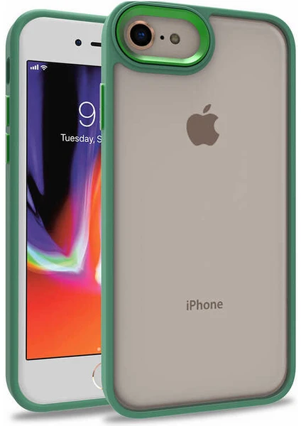 Case World Apple iPhone 8 ile Uyumlu Kapak Metal Kamera Korumalı Arkası Şeffaf Silikon ile Uyumlu Kılıf - Yeşil