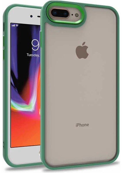 Case World Apple iPhone 7 Plus ile Uyumlu Kapak Metal Kamera Korumalı Arkası Şeffaf Silikon ile Uyumlu Kılıf - Yeşil