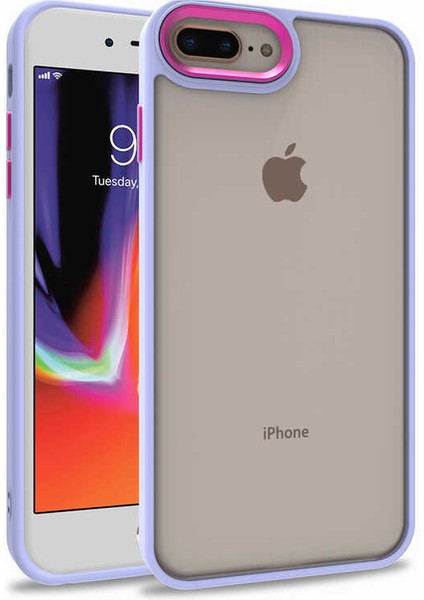 Apple iPhone 8 Plus ile Uyumlu Kapak Metal Kamera Korumalı Arkası Şeffaf Silikon ile Uyumlu Kılıf - Lila
