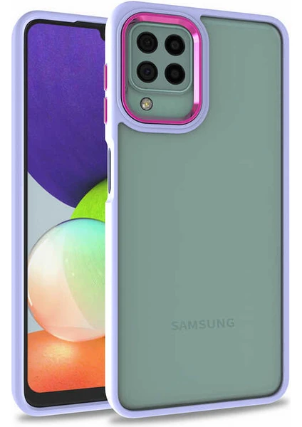 Case World Samsung Galaxy A12 ile Uyumlu Kapak Metal Kamera Korumalı Arkası Şeffaf Silikon ile Uyumlu Kılıf - Lila