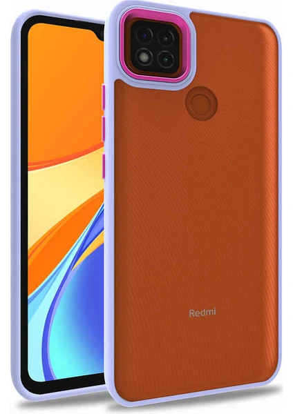 Case World Xiaomi Redmi 9c ile Uyumlu Kapak Metal Kamera Korumalı Arkası Şeffaf Silikon ile Uyumlu Kılıf - Lila