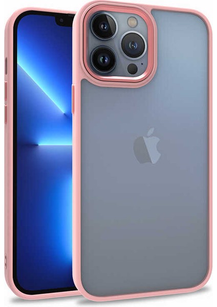 Case World Apple iPhone 13 Pro Max ile Uyumlu Kapak Metal Kamera Korumalı Arkası Şeffaf Silikon ile Uyumlu Kılıf - Rose Gold