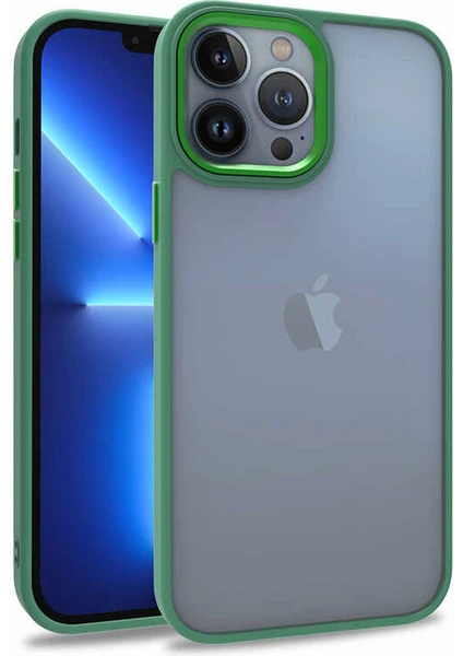 Case World Apple iPhone 13 Pro Max ile Uyumlu Kapak Metal Kamera Korumalı Arkası Şeffaf Silikon ile Uyumlu Kılıf - Yeşil