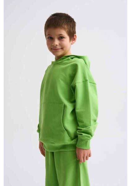Organik Kapüşonlu Uzun Kollu Erkek Çocuk Sweatshirt - Yeşil - 10-12 fırsatları