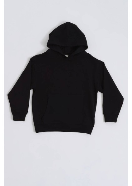 Organik Kapüşonlu Uzun Kollu Erkek Çocuk Sweatshirt - Siyah - 8-10