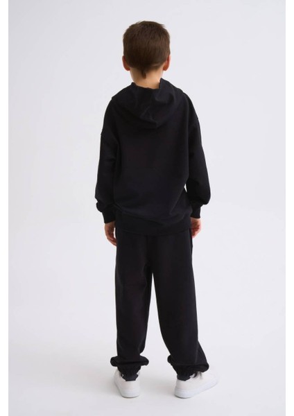 Organik Kapüşonlu Uzun Kollu Erkek Çocuk Sweatshirt - Siyah - 8-10