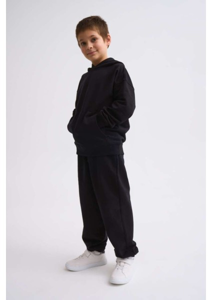 Organik Kapüşonlu Uzun Kollu Erkek Çocuk Sweatshirt - Siyah - 8-10