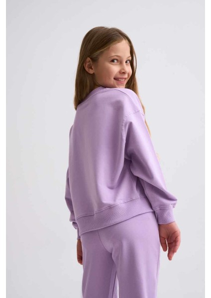 Organik Uzun Kollu Kız Çocuk Sweatshirt - Lila - 8-10