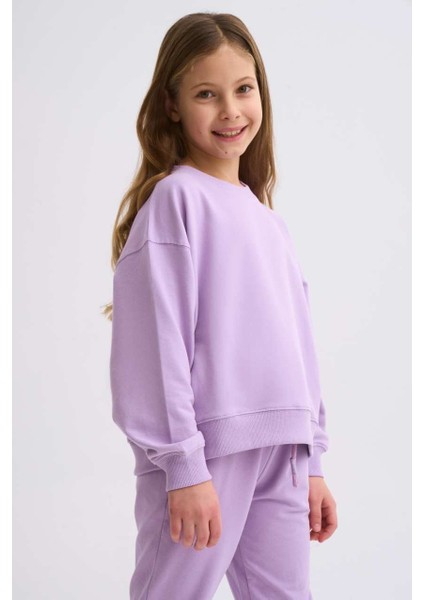 Organik Uzun Kollu Kız Çocuk Sweatshirt - Lila - 8-10