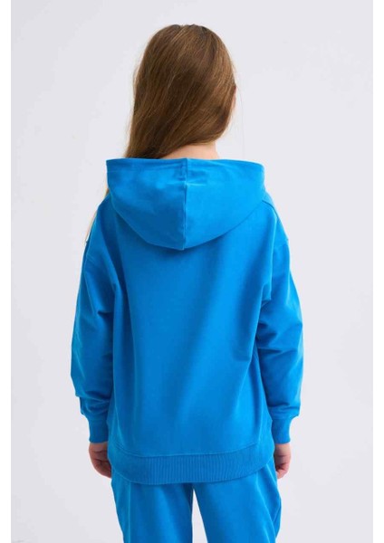 Organik Kapüşonlu Uzun Kollu Kız Çocuk Sweatshirt - Mavi - 8-10