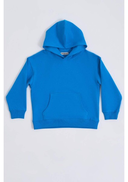 Organik Kapüşonlu Uzun Kollu Kız Çocuk Sweatshirt - Mavi - 10-12