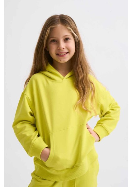 Organik Kapüşonlu Uzun Kollu Kız Çocuk Sweatshirt - Sarı - 10-12 fırsatları