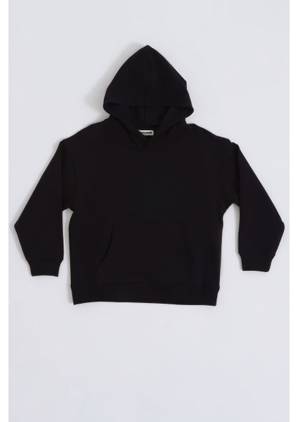 Organik Kapüşonlu Uzun Kollu Kız Çocuk Sweatshirt - Siyah - 10-12
