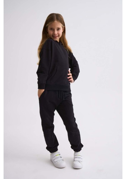 Organik Kapüşonlu Uzun Kollu Kız Çocuk Sweatshirt - Siyah - 10-12 fırsatları