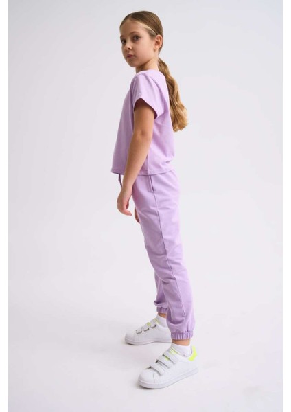 Organik Kısa Kollu Kız Çocuk Crop Tişört - Lila - 8-10 modelleri