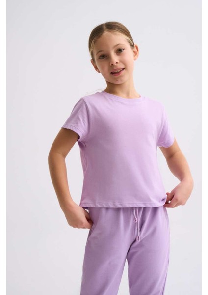 Organik Kısa Kollu Kız Çocuk Crop Tişört - Lila - 8-10 fırsatları