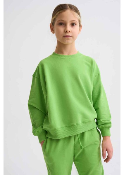 Organik Uzun Kollu Kız Çocuk Sweatshirt - Yeşil - 8-10