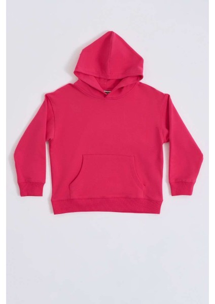 Organik Kapüşonlu Uzun Kollu Kız Çocuk Sweatshirt - Pembe - 10-12