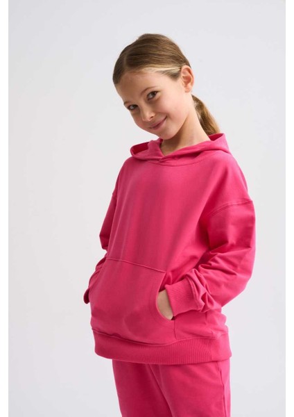 Organik Kapüşonlu Uzun Kollu Kız Çocuk Sweatshirt - Pembe - 10-12 fırsatları