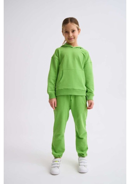 Organik Kapüşonlu Uzun Kollu Kız Çocuk Sweatshirt - Yeşil - 8-10