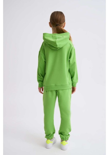 Organik Kapüşonlu Uzun Kollu Kız Çocuk Sweatshirt - Yeşil - 8-10