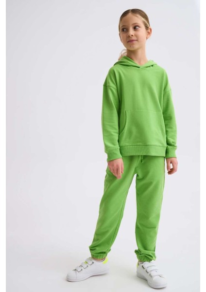 Organik Kapüşonlu Uzun Kollu Kız Çocuk Sweatshirt - Yeşil - 8-10