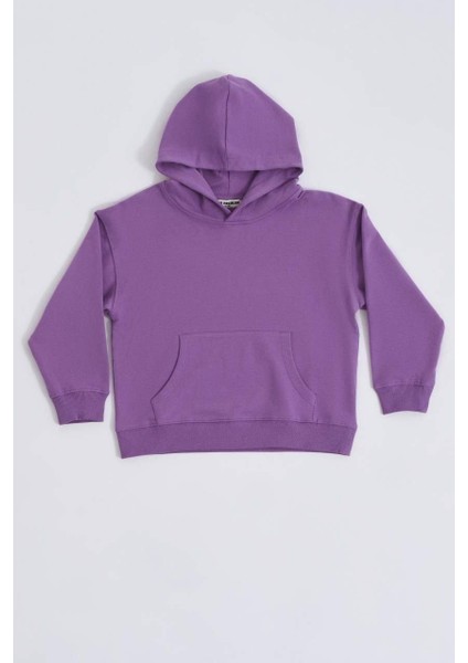 Organik Kapüşonlu Uzun Kollu Kız Çocuk Sweatshirt - Mor - 10-12