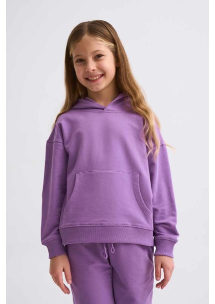 Organik Kapüşonlu Uzun Kollu Kız Çocuk Sweatshirt - Mor - 10-12 fırsatları