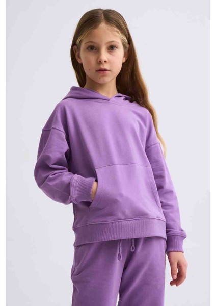 Organik Kapüşonlu Uzun Kollu Kız Çocuk Sweatshirt - Mor - 10-12 indirimleri