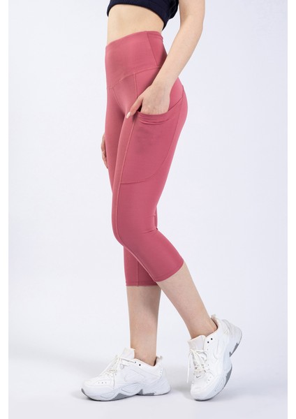 Snc Kadın Gül Kurusu Cepli Yüksek Bel Toparlayıcı, Kapri Yoga Tayt 19"