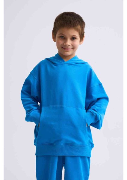 Organik Kapüşonlu Uzun Kollu Erkek Çocuk Sweatshirt - Mavi - 8-10 fırsatları