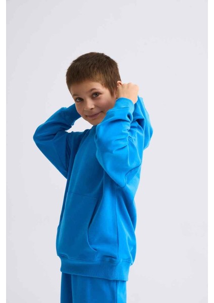 Organik Kapüşonlu Uzun Kollu Erkek Çocuk Sweatshirt - Mavi - 8-10 indirimleri