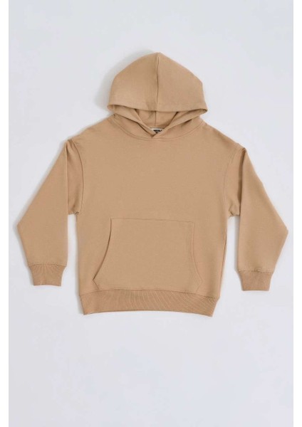 Organik Kapüşonlu Uzun Kollu Erkek Çocuk Sweatshirt - Bej - 10-12