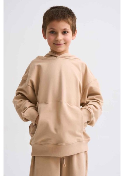Organik Kapüşonlu Uzun Kollu Erkek Çocuk Sweatshirt - Bej - 10-12 fırsatları