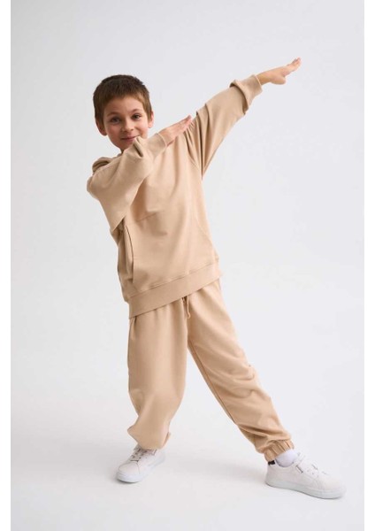 Organik Kapüşonlu Uzun Kollu Erkek Çocuk Sweatshirt - Bej - 10-12 indirimleri