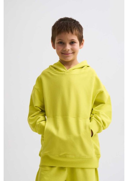 Organik Kapüşonlu Uzun Kollu Erkek Çocuk Sweatshirt - Sarı - 8-10