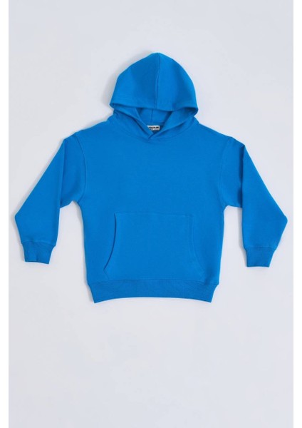 Organik Kapüşonlu Uzun Kollu Erkek Çocuk Sweatshirt - Mavi - 10-12