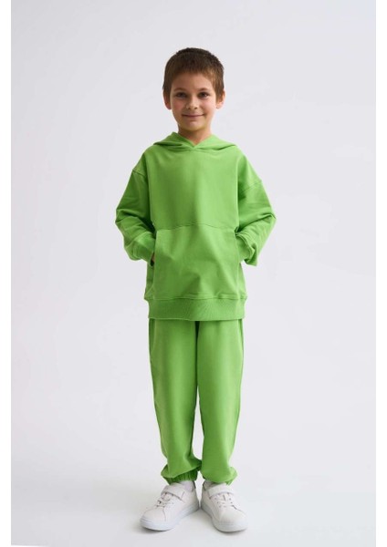 Organik Kapüşonlu Uzun Kollu Erkek Çocuk Sweatshirt - Yeşil - 12-14 fiyatları