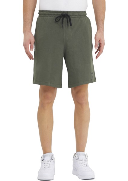 Pamuklu Spor Şort Erkek Reflektör Logo Baskılı Normal Kesim Yeşil Renkli İki Cep