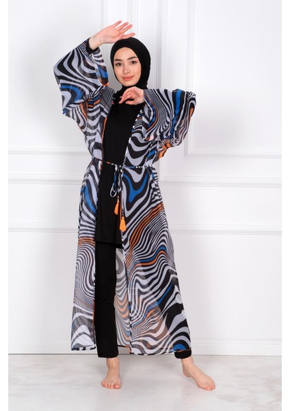 Siyah Kadın Tesettür Mayo Üzerine Kimono Pareo P2205