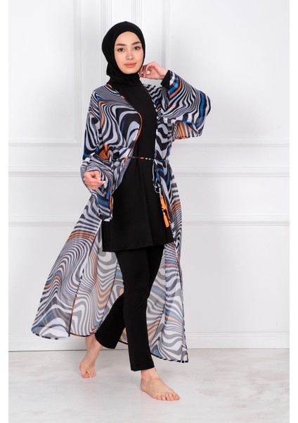 Siyah Kadın Tesettür Mayo Üzerine Kimono Pareo P2205 fiyatları