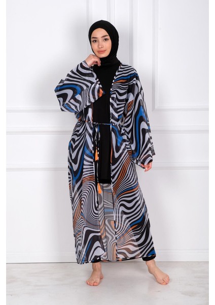 Siyah Kadın Tesettür Mayo Üzerine Kimono Pareo P2205 modelleri