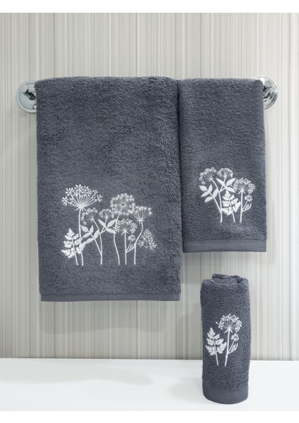 Çiçek Desen Nakışlı 3 Parça Havlu Seti 30x50 / 40x60 / 50x90 Cm