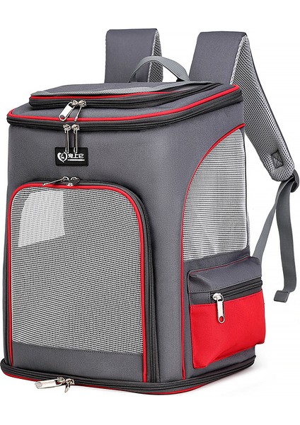 Büyük Kapasiteli Pet Taşıma Sırt Çantası - Gri / Kırmızı (Yurt Dışından)