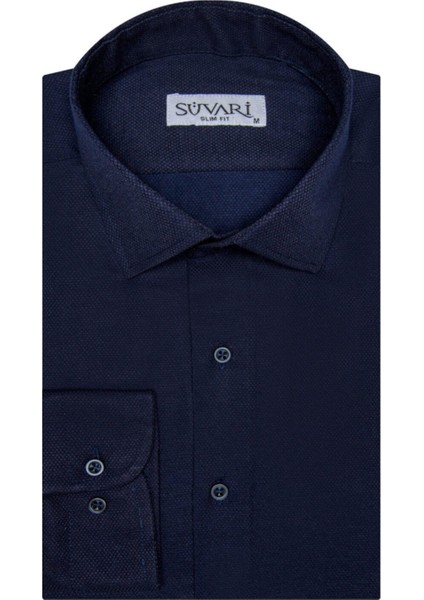 Slim Fit Armür Desenli Lacivert Erkek Gömlek
