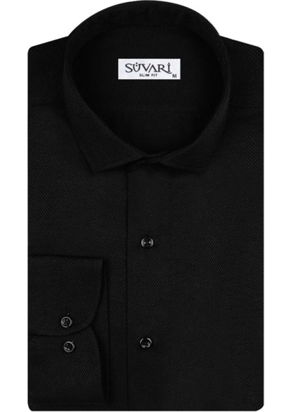 Slim Fit Armür Desenli Siyah Erkek Gömlek