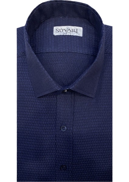 Slim Fit Desenli Lacivert Gömlek