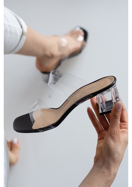 Allyup Günlük Kadın Terlik Çift Şeffaff Şeritli Bantlı Kalın Şeffaf Topuklu Abiye Ayakkabı 105 modelleri